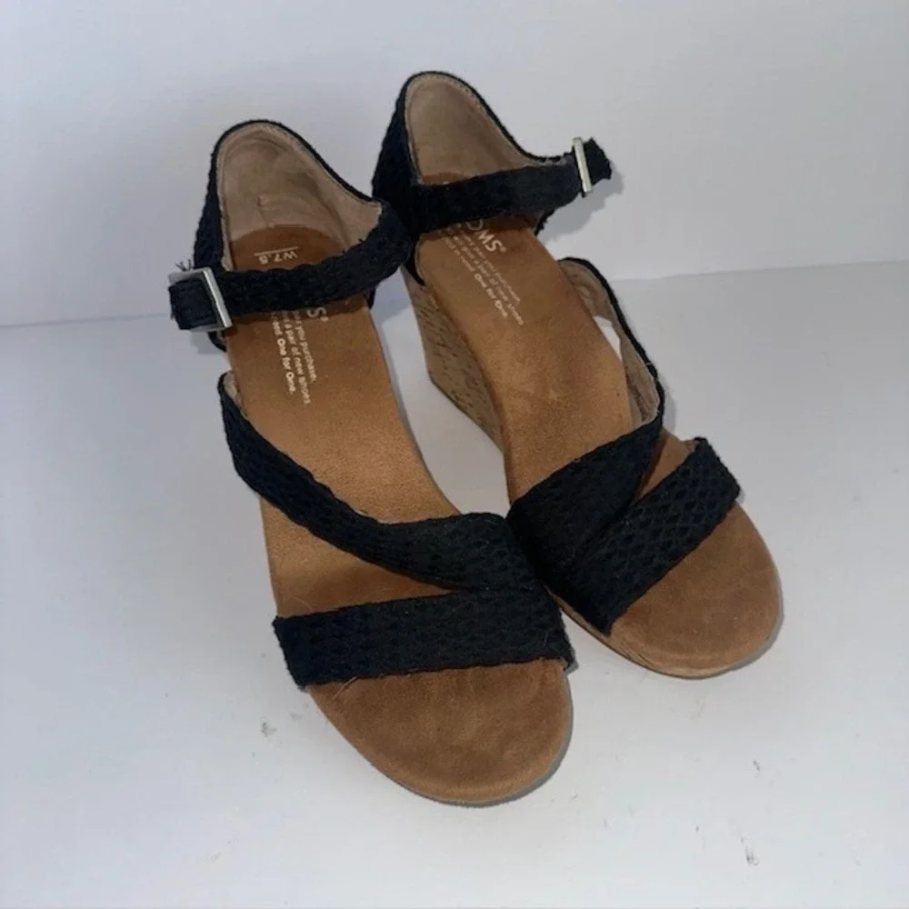 TOMS Black Woven Canvas Cork Wedge Sandals Ankle Strap Women's 7.5
